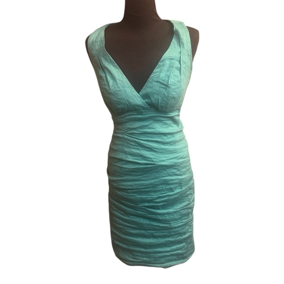 NICOLE MILLER Ruched Waist Bodycon Cocktail Dress Size 4 Cyan Teal Wedding EUC - Picture 4 of 14